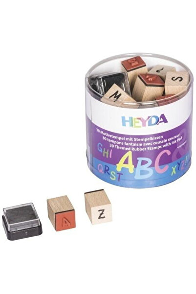 Heyda Set 30 stampile lemn alfabet multicolor cu tampon negru