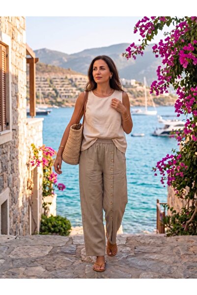 Punta Otantik Pts250202 Buttoned Wide Leg Cotton Eva Trousers Camel