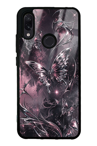 Spoyi Xiaomi Redmi Note 7 Rose Chrome Butterfly Tasarımlı Glossy Telefon Kılıfı