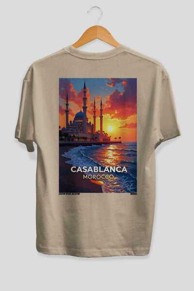 Ankhises Kazablanka Maroko Bež Oversize Zemlja Grad Leđa Tiskana Unisex Majic...