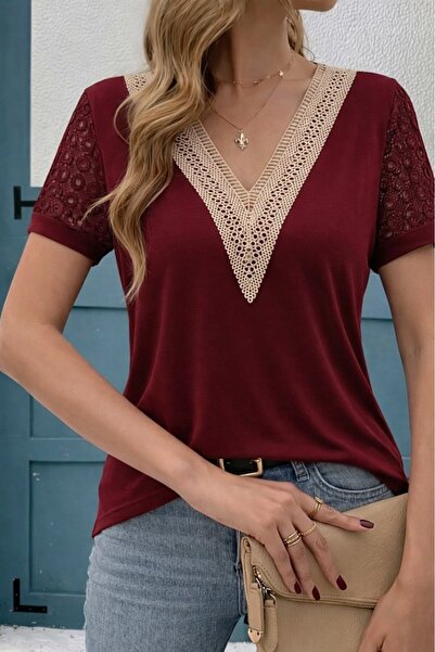 Livizmir Moda Women's Short Sleeve V Neck Lace Detail Viscose Blouse