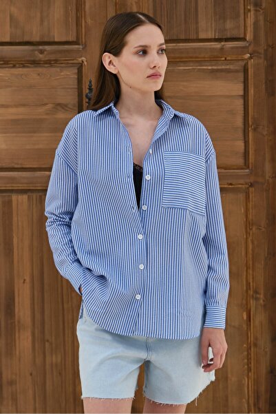 Lavix Kadın Çizgili Bürümcük Detaylı Oversize Gömlek