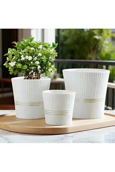 Lacoz 3-Piece Ceramic Plant Pot Set with Ribbed Design Decorative Indoor & Outdoor Flower Pots for Home, Balcony, Patio, Garden & Office White