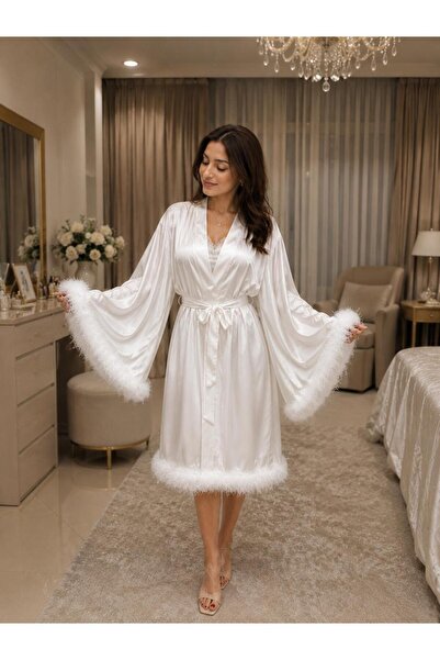 Rose Luxury Satin Bridal Robe Women's Long Wedding Robe with Fluffy Feather S...
