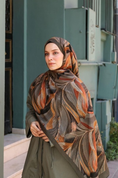 ENRİCO FERRİ Petra Modern Brush Pattern Shawl - Dark Khaki Camel