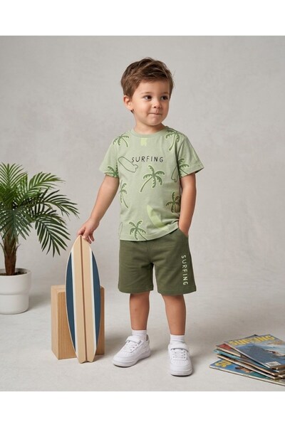 Ege Bebek Boy's Summer Palm Tree Printed Shorts and T-Shirt Set for Ages 2-3-...