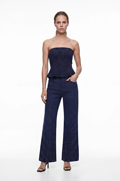 cemo Women's Stone Detailed Strapless Bustier Wide Leg Pants Two-Piece Set