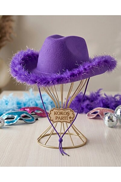 Kokoş Parti Kovboy Şapkası Mor ● Barbie Şapkası ● Tüylü Cowgirl Bekarlığa Ved...