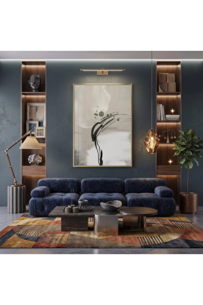 KOLAJTASARIM Abstract Flow Light Beige Tones Single Gold Metal Framed Glass T...