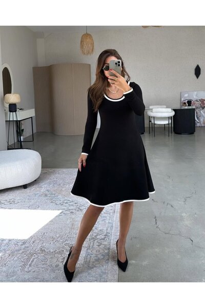 Livizmir Moda Women's Long Sleeve Round Neck Midi Viscose Two Thread Dress