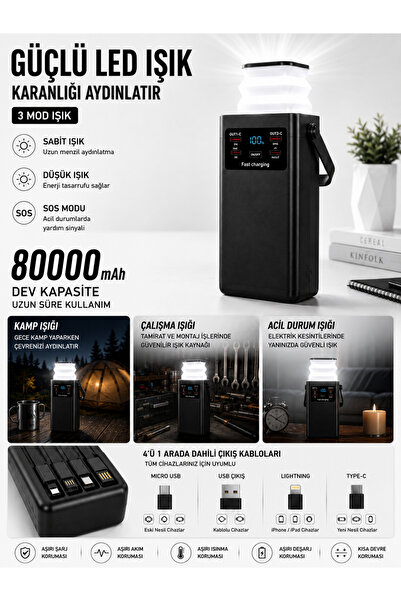 kawigo 80000mAh Powerbank Dahili Kablolu 22.5W Hızlı Şarj Taşınabilir Kamp Lambalı Powerbank LED Fener Type-C PD Power Bank Tüm Modellerle Uyumlu Powerbank