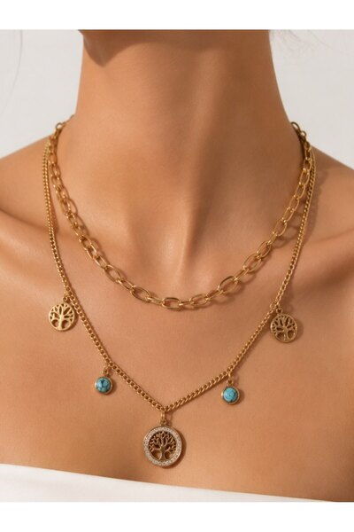 KAYANCLICK Layered Stainless Steel Necklace with Coin Charms and Turquoise