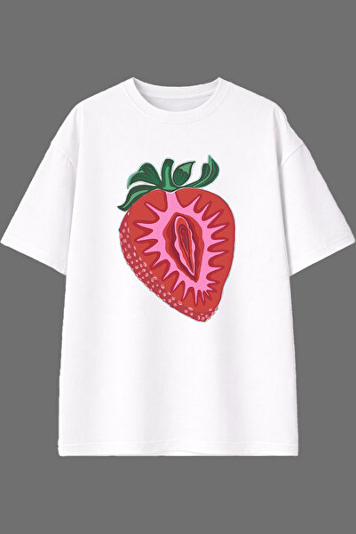 VSRN Half Strawberry Design Front Printed White Oversize T-Shirt