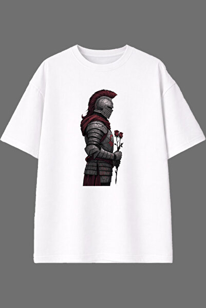 VSRN تي شيرت أبيض كبير الحجم بتصميم Rose Warrior مطبوع من الأمام