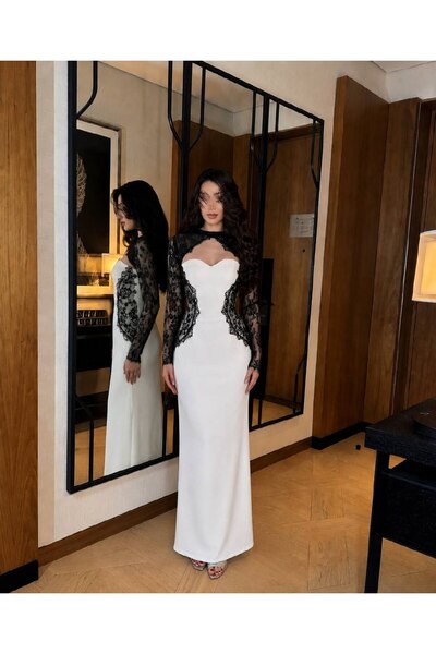Thara Soft Long White Dress with Black Lace and Transparent Sleeves
