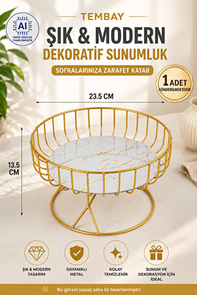 TEMBAY Ayaklı Metal Meyvelik Gold Mermer Desenli Meyve Sepeti 23,5 cm