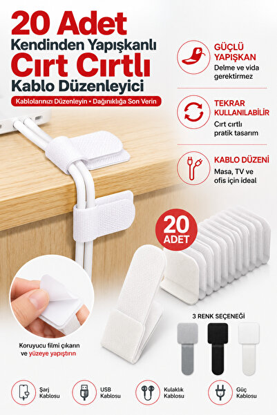 Hane Dostu 20 Adet Kendinden Yapışkanlı Cırt Cırt Kablo Düzenleyici Bant Masa...