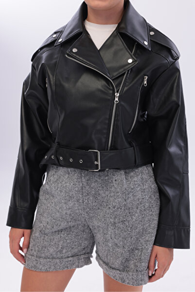 ELUVIA FASHION New Season Belted Oversize Cropped Leather Jacket, Zipper Deta...