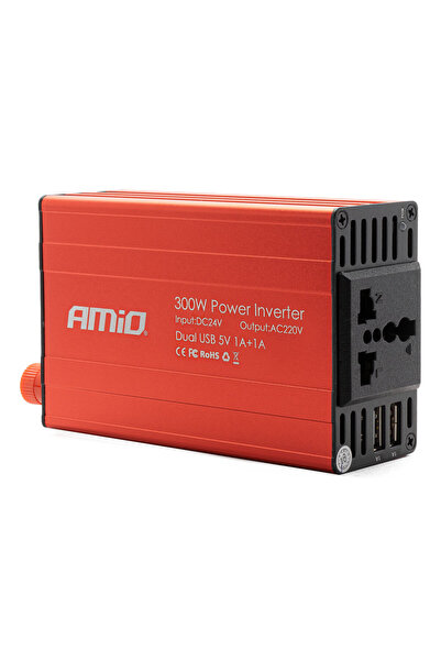 AMIO Convertor de tensiune 24V -> 230V, 300W/600W, 2 x USB 5V