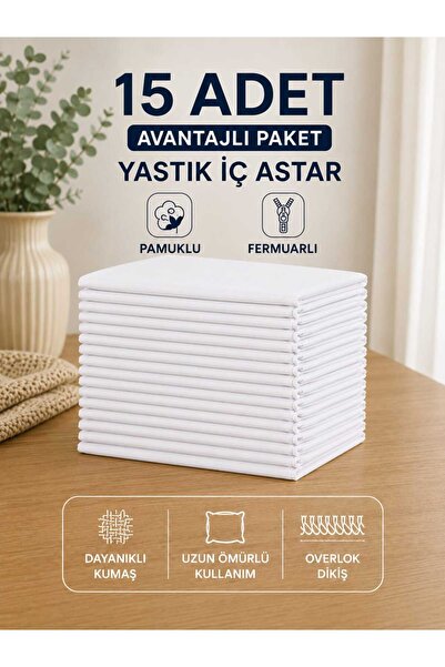 Pamuk 15 Adet %100 Pamuklu Yastık İç Kılıfı 50x70 cm Fermuarlı Yastık İç Asta...