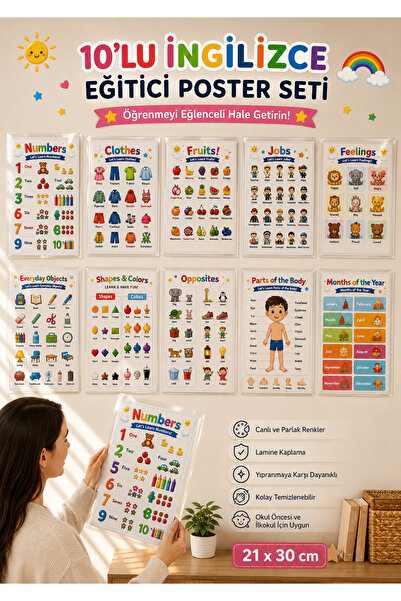AlohamoraShop 10’lu İngilizce Eğitici Poster Seti 21x30 cm | PVC Laminasyonlu...