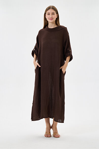 della moor Brown Italian 100% Linen Degaje Collar Folded Long Sleeve Long Lin...