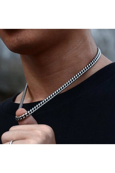 OGHAMAY Silver Color Cuban Stainless Steel Unisex Men's Chain Necklace 55 Cm....