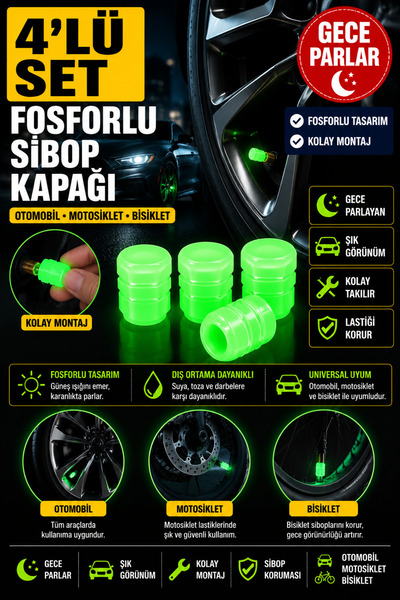 Hane Dostu 4'lü Fosforlu Sibop Kapağı Yeşil Işıldayan Araç Lastik Sibop Koruy...