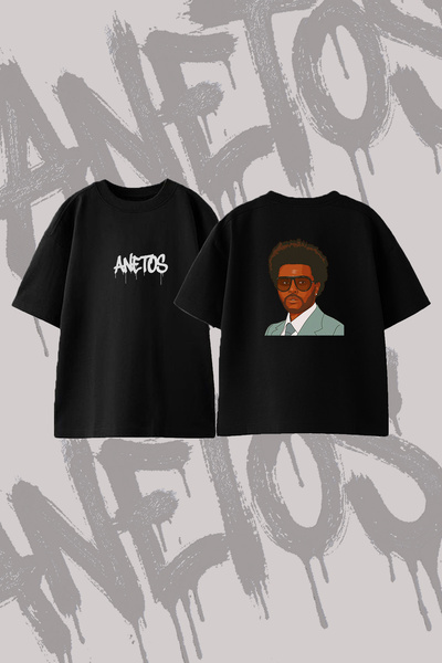 Anetos تي شيرت The Weeknd_15 مصنوع من القطن الأسود المطبوع على الظهر بمقاس كبير