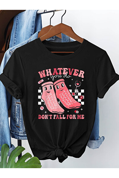 En22 تي شيرت نسائي مطبوع عليه "WHATEVER You Do DON'T FALL ME" بأكمام قصيرة وي...