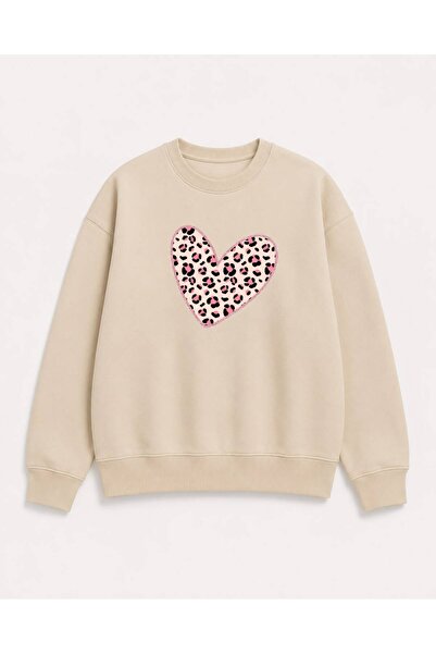 Birdirbir Kız Çocuk Leopar Kalp Baskılı Bisiklet Yaka Sweatshirt