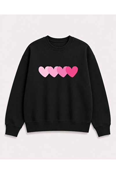 Birdirbir Kız Çocuk Pembe Kalp Baskılı Bisiklet Yaka Sweatshirt