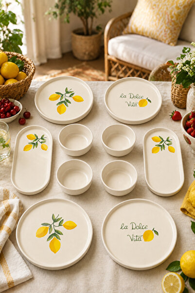 Papart Amalfi 10 Parça 4 Kişilik Stackable Seramik Kahvaltı Takımı Limon Dese...