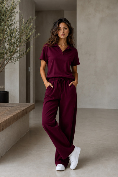 Denvy Denim Kadın Bordo Premium Polo Yaka Wide Leg Rahat Kesim İkili Takım