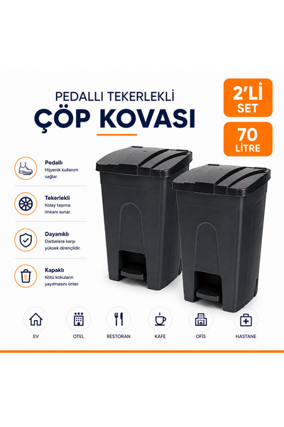LİDERAMBALAJ07 2'li Set 70 Litre Pedallı Tekerlekli Çöp Kovası | Kapaklı Daya...