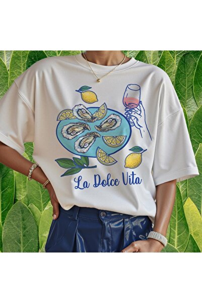 Grafftee Clothing Μπλουζάκι La Dolce Vita με στάμπα, unisex, oversized