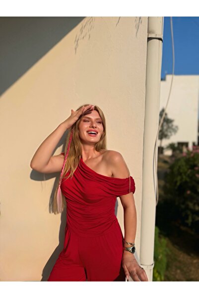 Store Red Gathered Blouse and Trousers Set