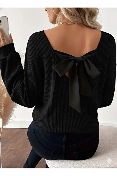 stelol Women's Long Sleeve V Neck Back Ribbon Detailed Fleece-Lined Ribbed Kn...