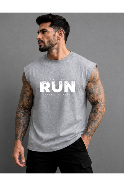 FAVORİST تي شيرت رجالي مطبوع عليه FASTER RUN بدون أكمام (100% قطن)