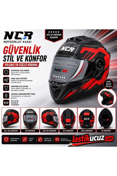 NCR -160E ÇENE AÇILIR GÖZLÜKLÜ E-CE BELGELİ KASK KIRMIZI GRAFİK