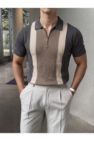 Buteks Men's Half Zipper Slim Fit Basic Classic Cut Polo Collar Knitwear T-Shirt