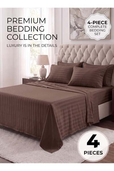 ZeeSquare Luxury 4-Piece Queen Size Brown Striped Bedding Set | Hotel Collect...