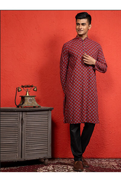 Devoiler Mens Red All-Over Printed Cotton Kurta Set