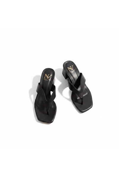 NE&VE SHOES شبشب نسائي من الجلد الأسود بكعب سميك
