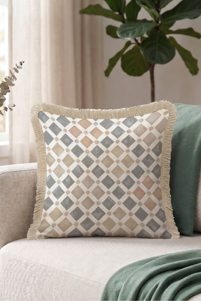 Evimde Bambaşka Fringed Pillowcase with Geometric Mosaic Motif - Elegant Ethn...