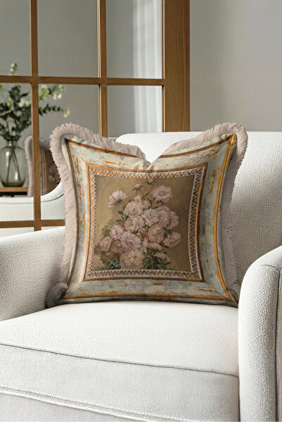Evimde Bambaşka Vintage Floral Distressed Framed Fringed Pillowcase - Avant-G...