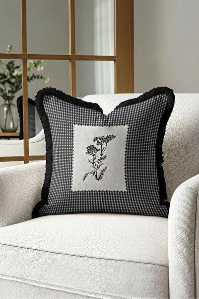 Evimde Bambaşka Elegant Fringed Pillowcase with Plaid Floral Motif - Botanica...