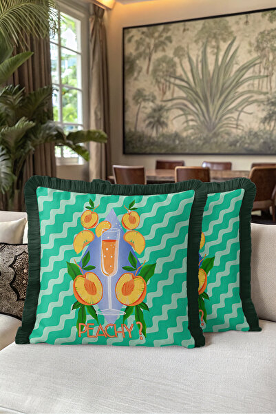 Evimde Bambaşka Peachy Tropical Fruit Cocktail Fringe Pillowcase - Summer Ret...