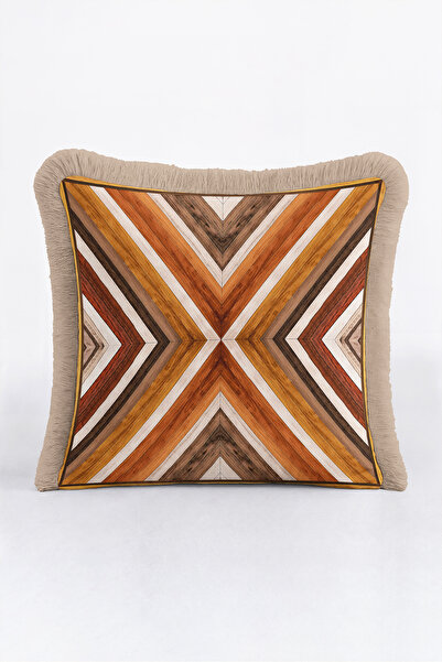 Evimde Bambaşka Geometric Wooden Design Fringed Pillowcase-Zigzag Bohemian Co...