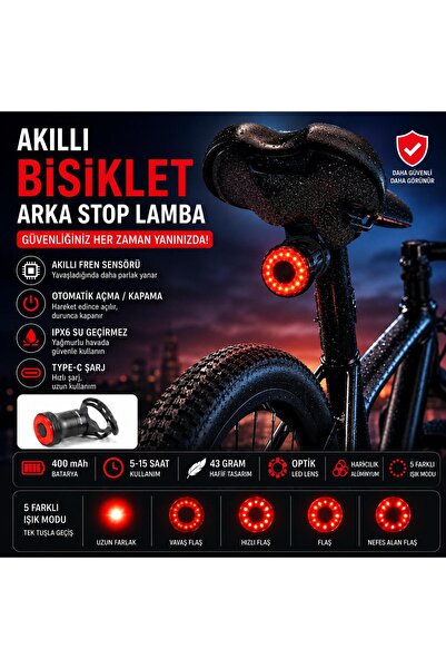 FORTİCO Akıllı Bisiklet Arka Stop Lambası Fren Sensörlü Otomatik LED Kuyruk L...